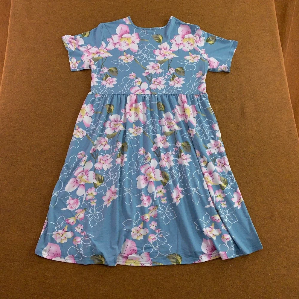 DB MOON Womens 2XL Light Blue Floral Empire Waist Summer Casual Dress NWT